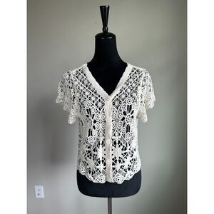 NWOT GLG Women's Cream Knit Crochet Button Front Short Sleeve Top Size M